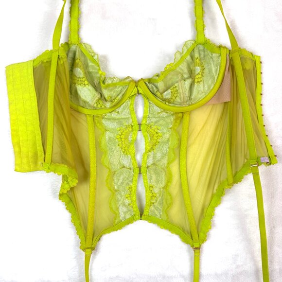 Savage X Fenty Perfect Poppies Sheer Lace Bustier Garter Corset Top S Chartreuse - Picture 3 of 4